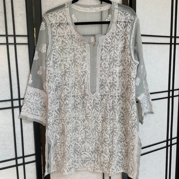 Tops - Sheer Gray Tunic Top Hand Embroidered Light and Feminine
